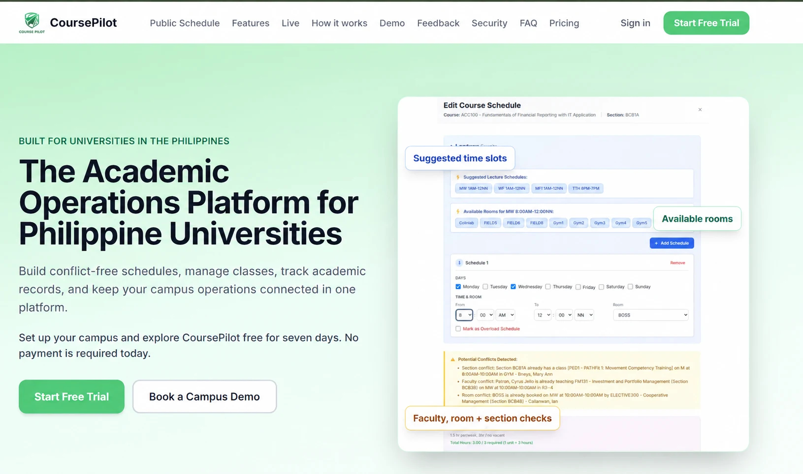 CoursePilot academic operations platform homepage and conflict-aware scheduling interface